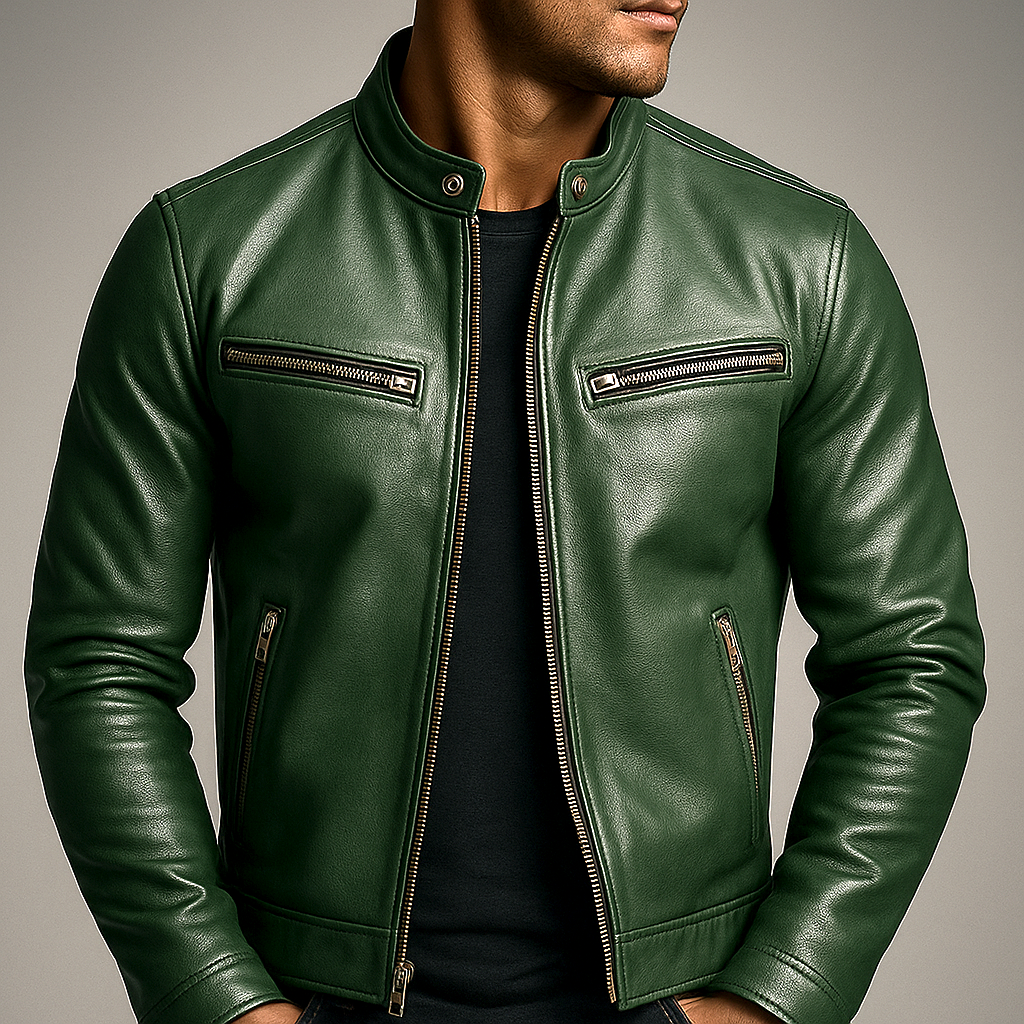Men's vintage leather jacket – Green front view – Edward Lawson
