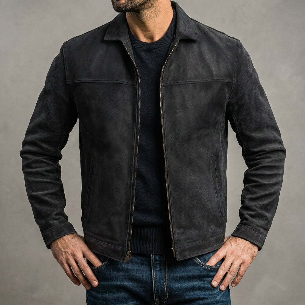 Men's zip-front fitted leather jacket – blue – Edward Lawson