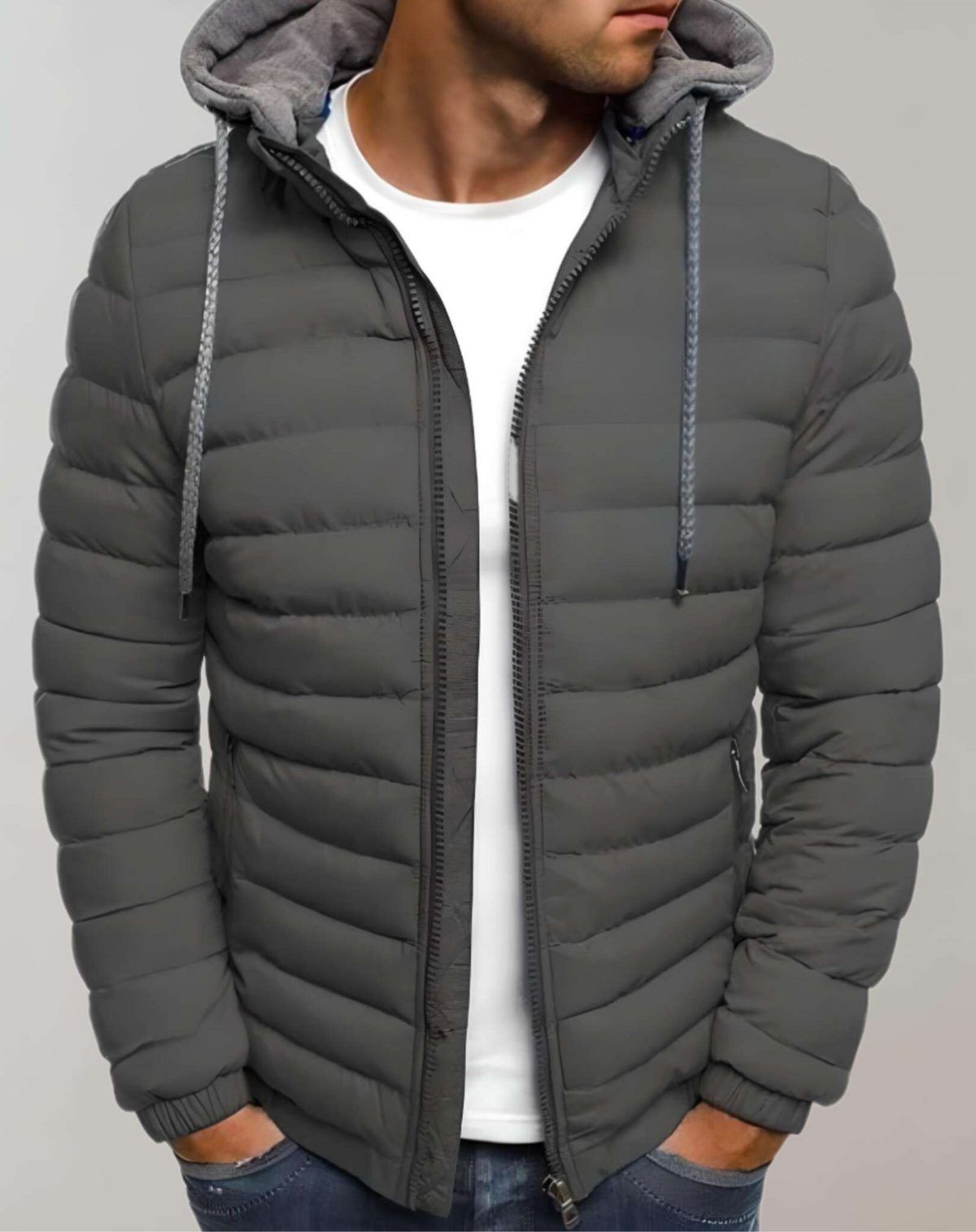 Men's lightweight hooded puffer jacket – Dark Grey – Edward Lawson