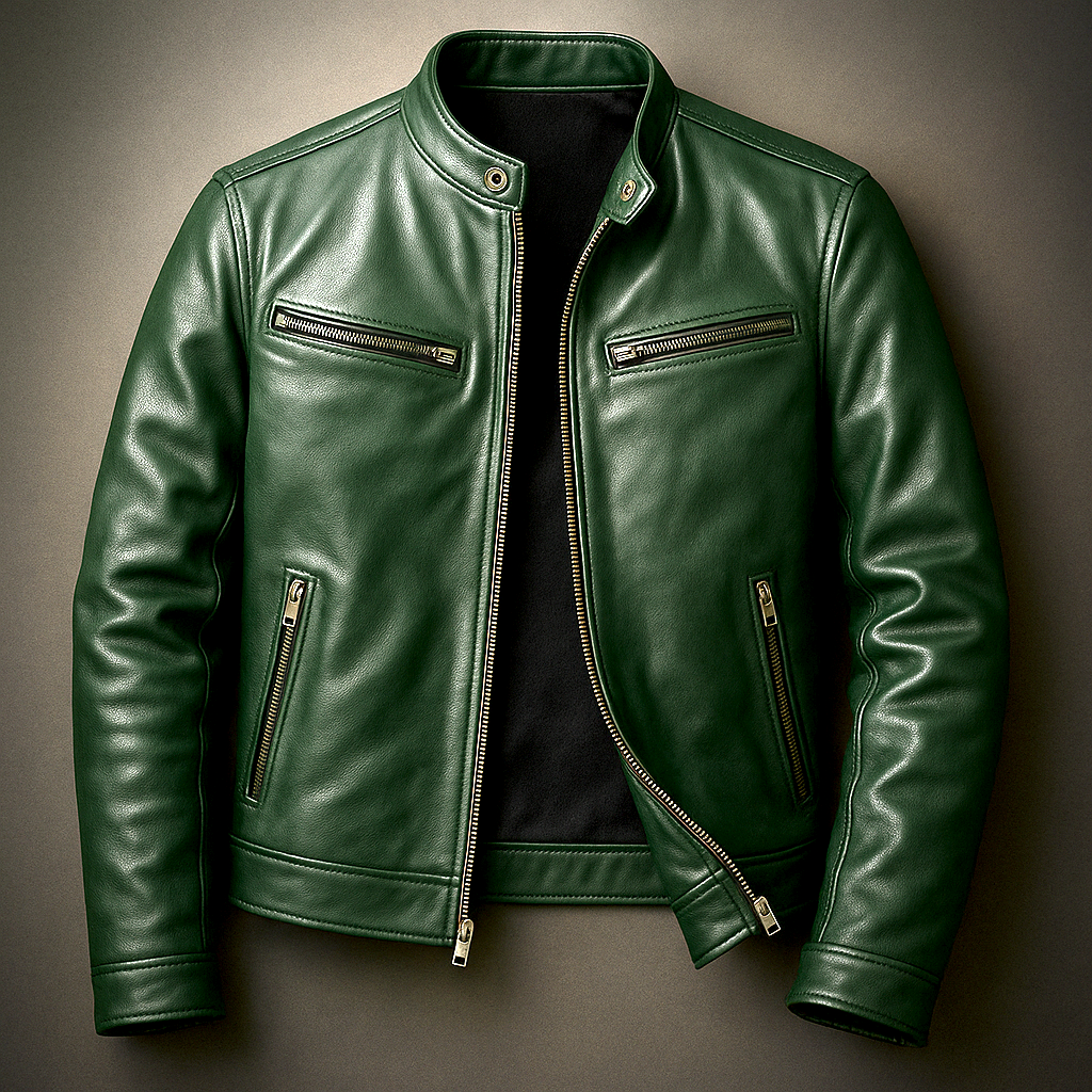 Men's vintage leather jacket – Green detail view – Edward Lawson