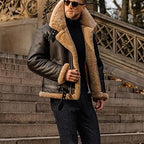Men's sherpa-lined faux leather aviator jacket – Brown detail view – Edward Lawson
