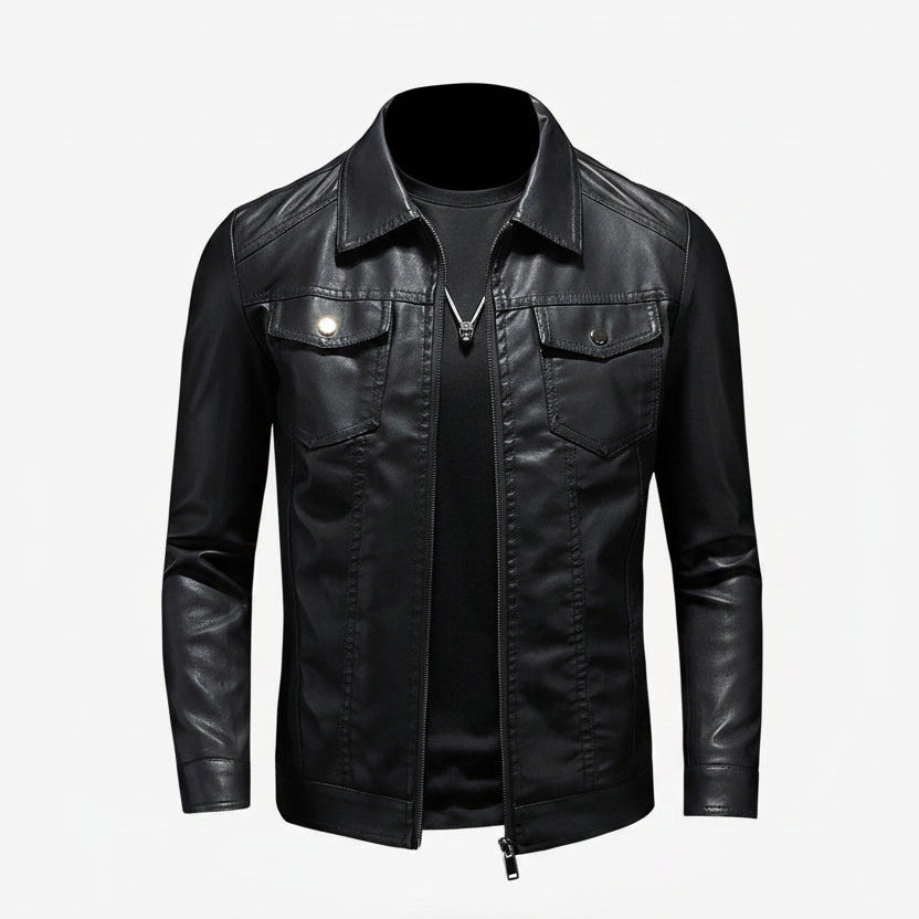 Men's classic leather jacket – Black front view – Edward Lawson