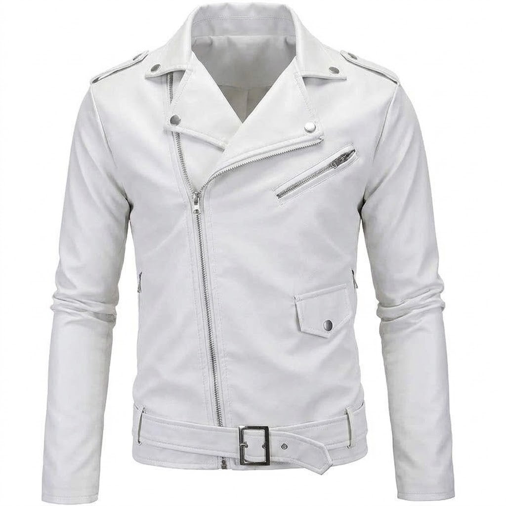 Men's asymmetric zip faux-leather biker jacket – white – Edward Lawson