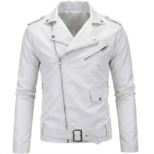 Men's asymmetric zip faux-leather biker jacket – white – Edward Lawson