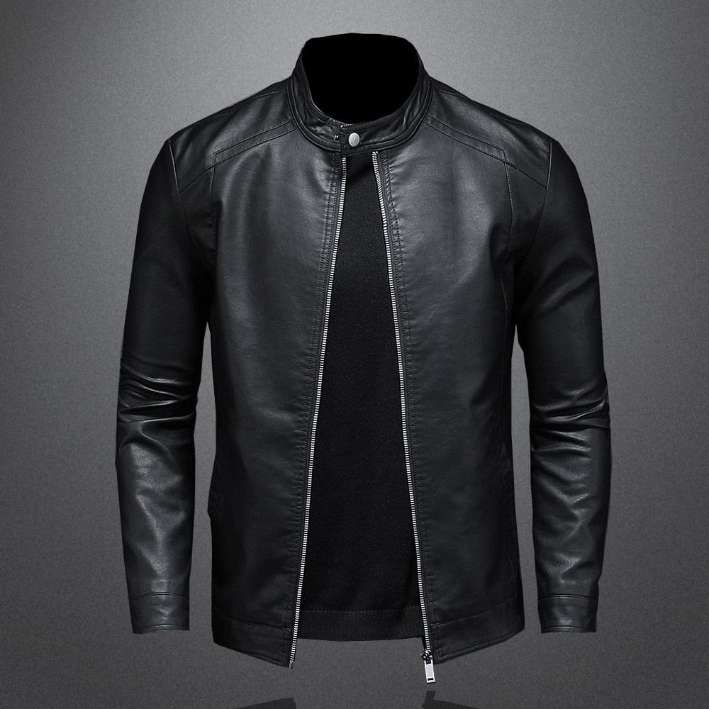 Men's faux-leather band-collar jacket – black – Edward Lawson