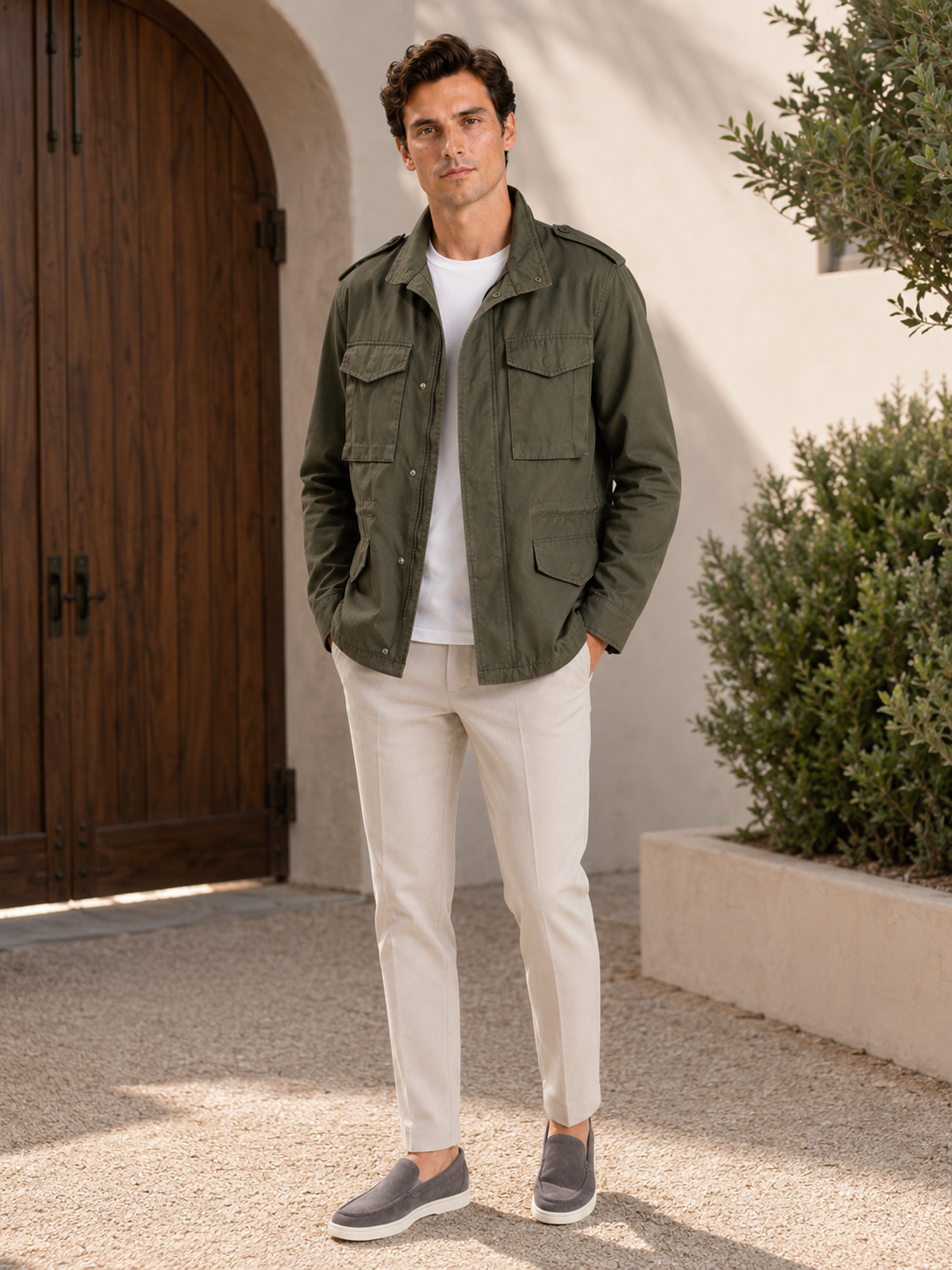 Men's cargo jacket – Army Green lifestyle view – Edward & Lawsen