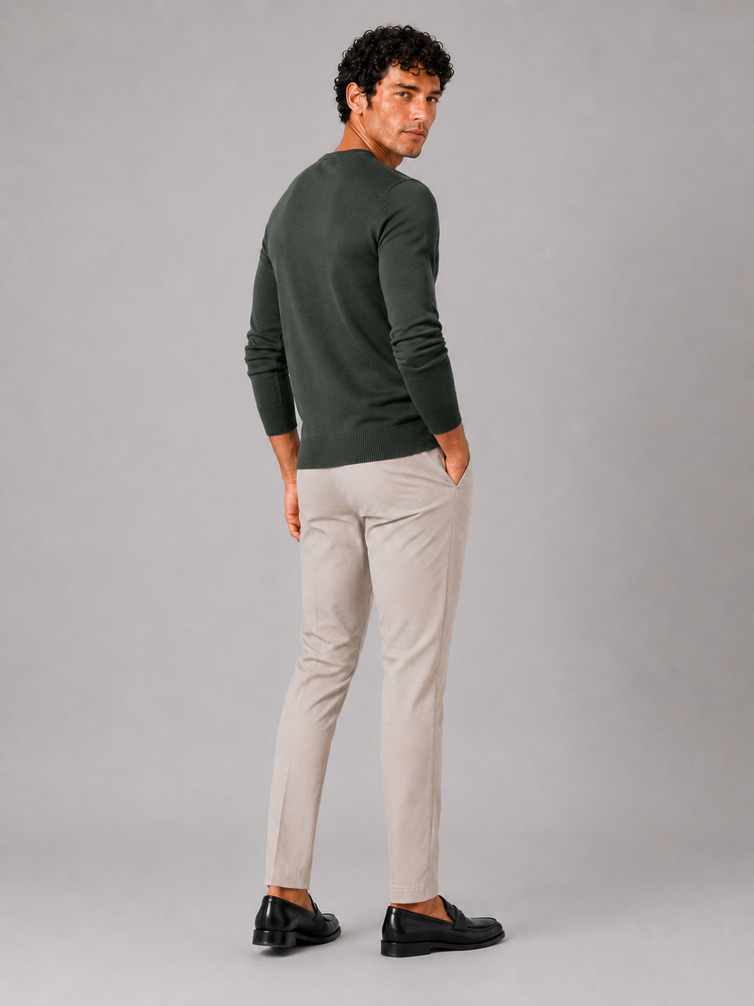 Men's V-neck sweater – Army Green back view – Edward & Lawsen