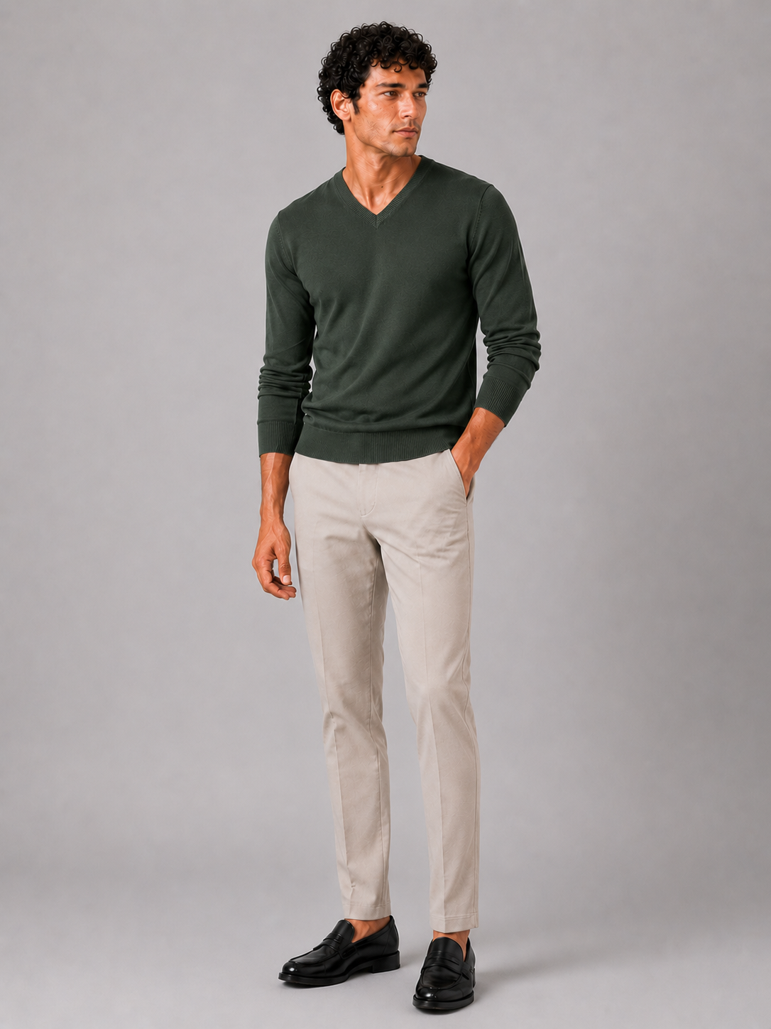 Men's V-neck sweater – Army Green full view – Edward & Lawsen