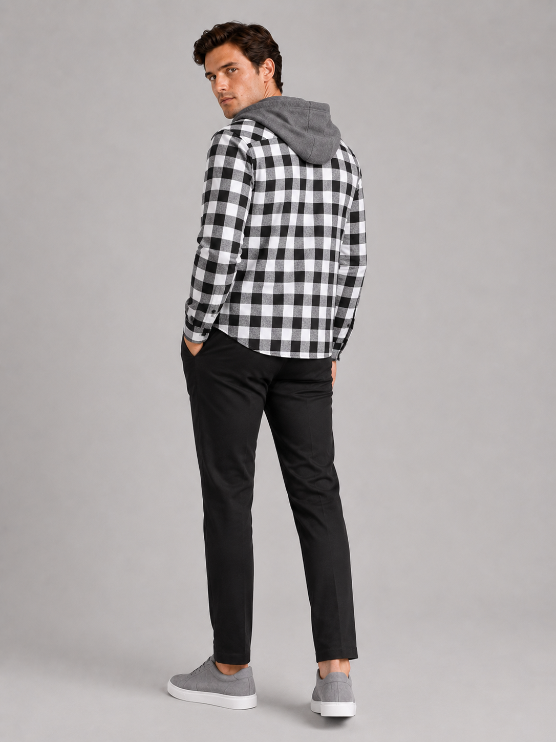 Men's plaid flannel jacket – Gray back view – Edward & Lawsen