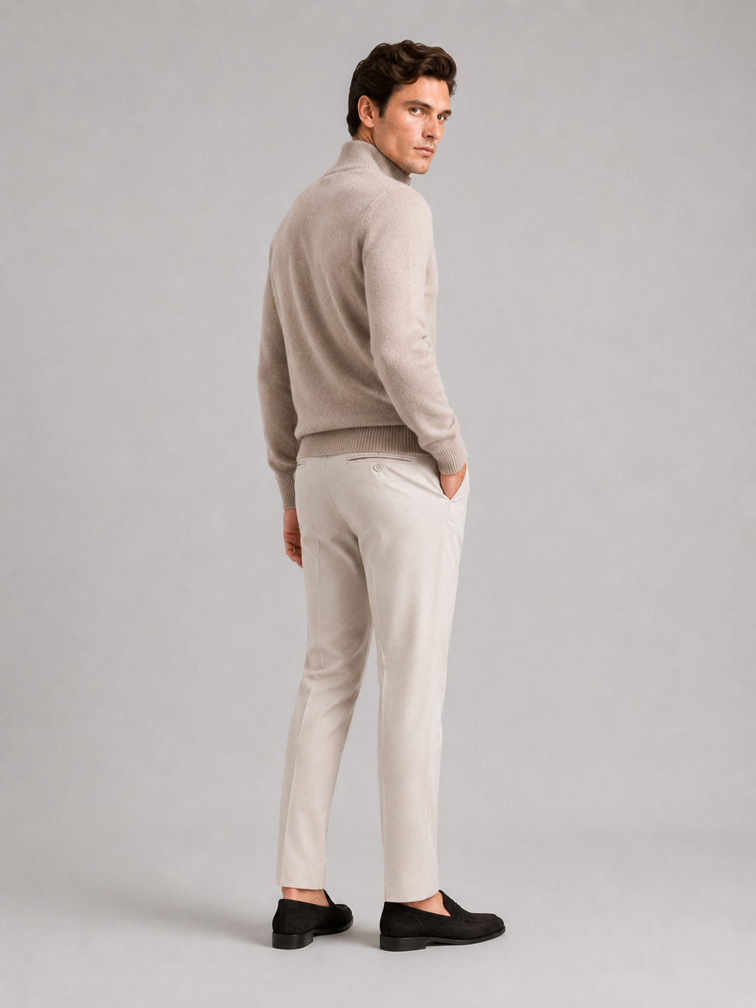 Men's wool half-zip mock neck sweater – Beige back view – Edward & Lawsen