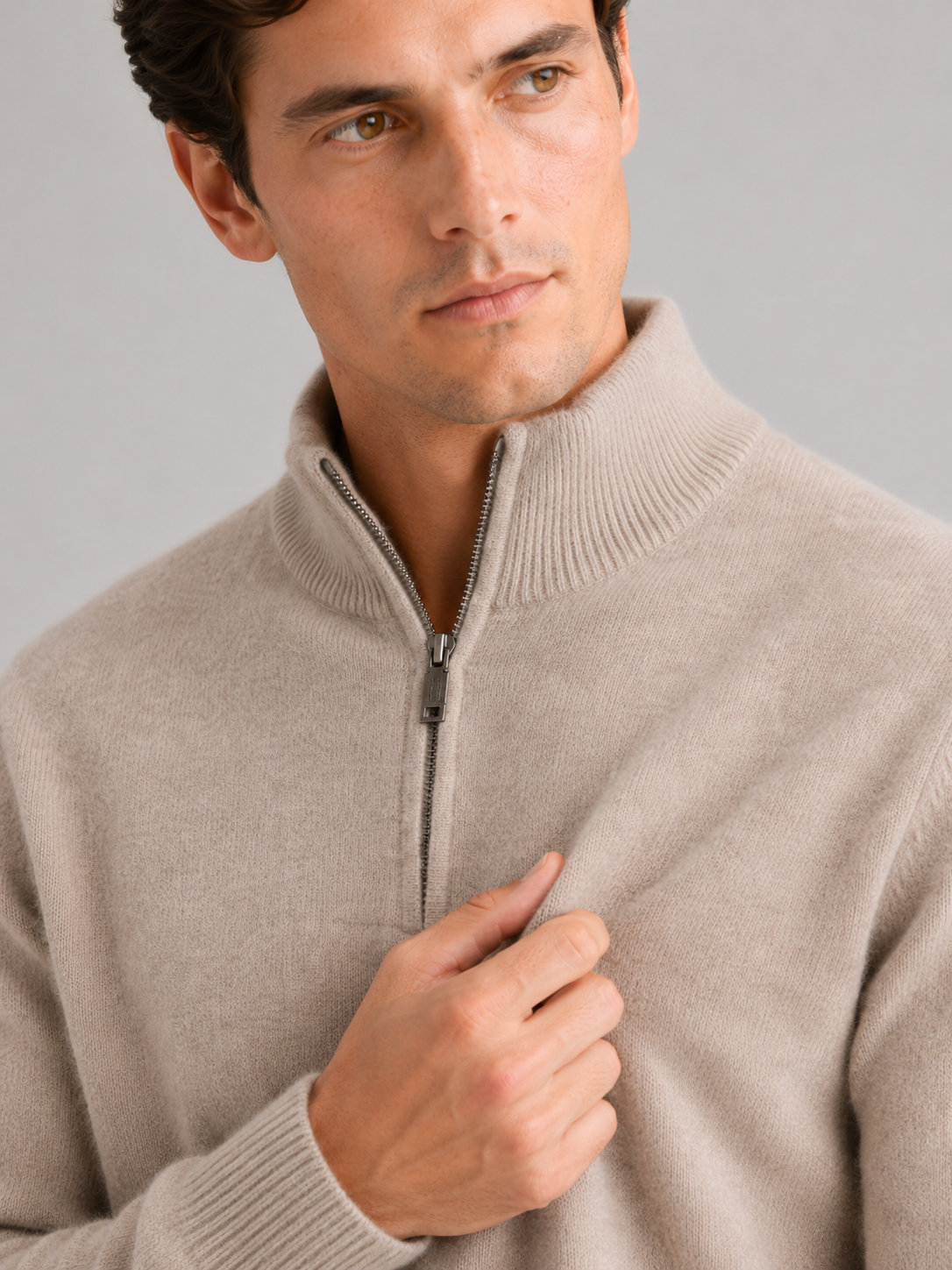 Men's wool half-zip mock neck sweater – Beige detail view – Edward & Lawsen