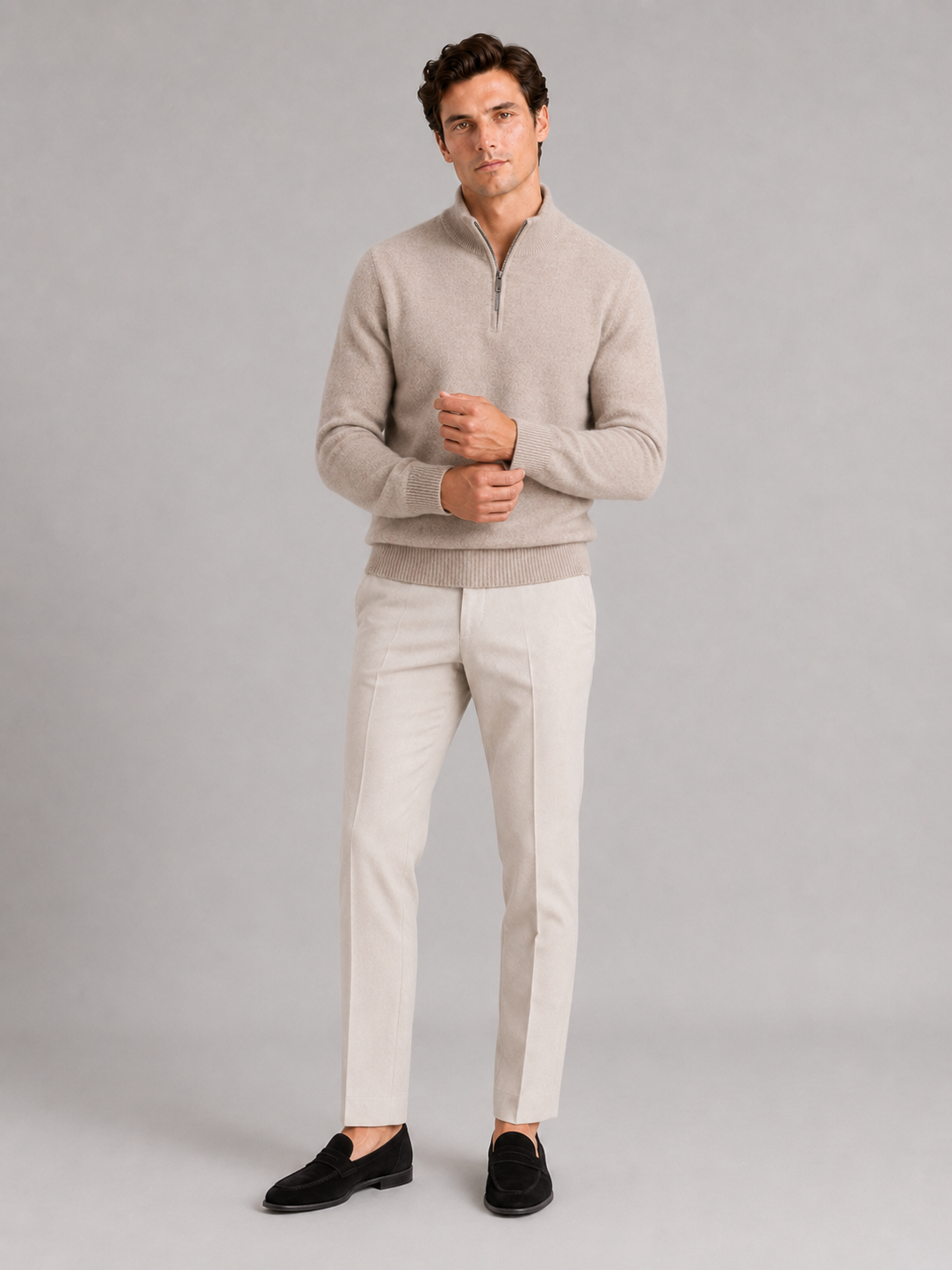 Men's wool half-zip mock neck sweater – Beige full view – Edward & Lawsen