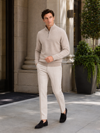 Men's wool half-zip mock neck sweater – Beige lifestyle view – Edward & Lawsen