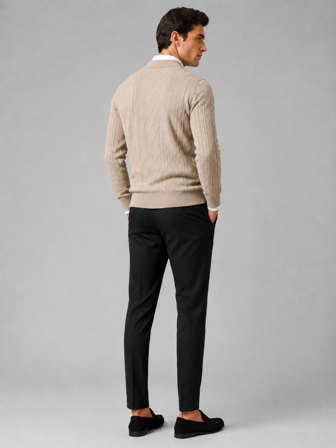Men's argyle cable knit cardigan – Beige back view – Edward & Lawsen