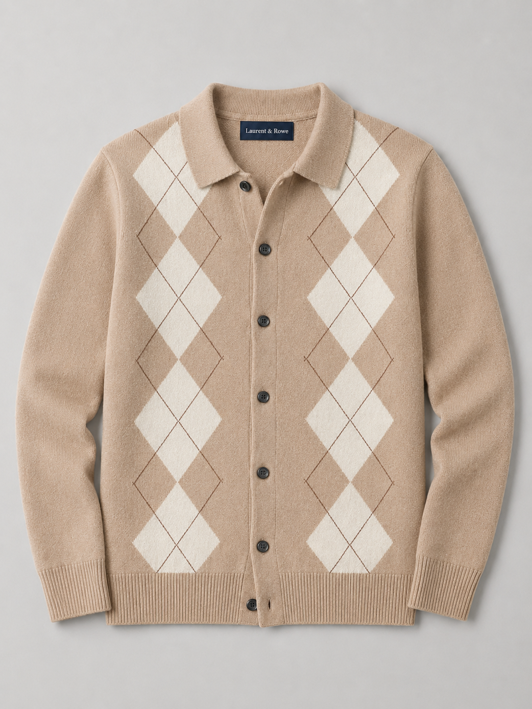Men's argyle button-down cardigan – Beige product view – Edward & Lawsen