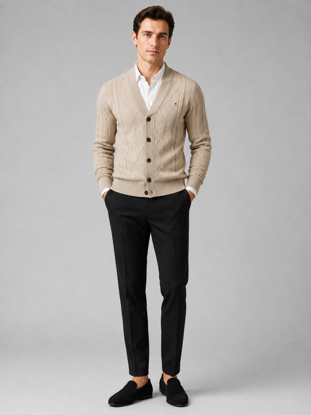 Men's argyle cable knit cardigan – Beige full view – Edward & Lawsen