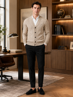 Men's argyle cable knit cardigan – Beige lifestyle view – Edward & Lawsen
