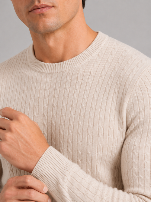 Men's cable knit crew neck sweater – Beige detail view – Edward & Lawsen