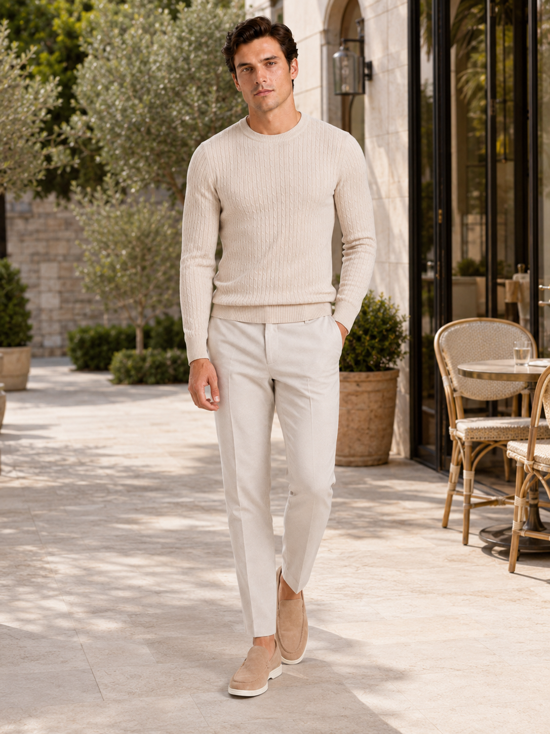 Men's cable knit crew neck sweater – Beige lifestyle view – Edward & Lawsen