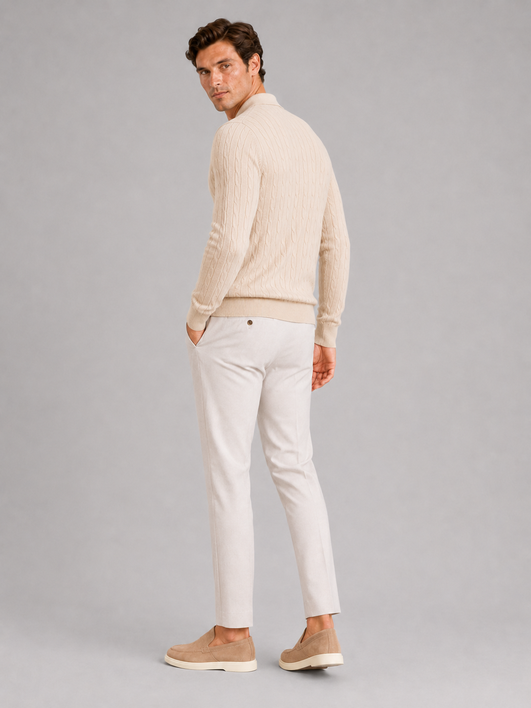 Men's cable knit V-neck polo – Beige back view – Edward & Lawsen