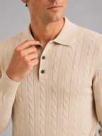 Men's cable knit V-neck polo – Beige detail view – Edward & Lawsen