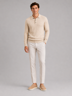 Men's cable knit V-neck polo – Beige full view – Edward & Lawsen