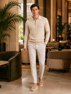 Men's cable knit V-neck polo – Beige lifestyle view – Edward & Lawsen