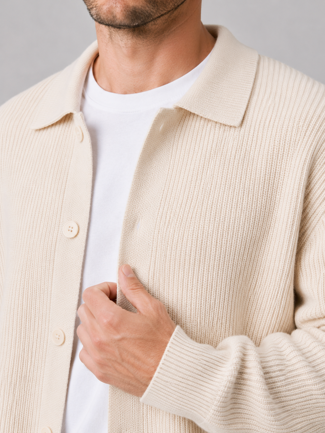 Men's open front cardigan – Beige detail view – Edward & Lawsen