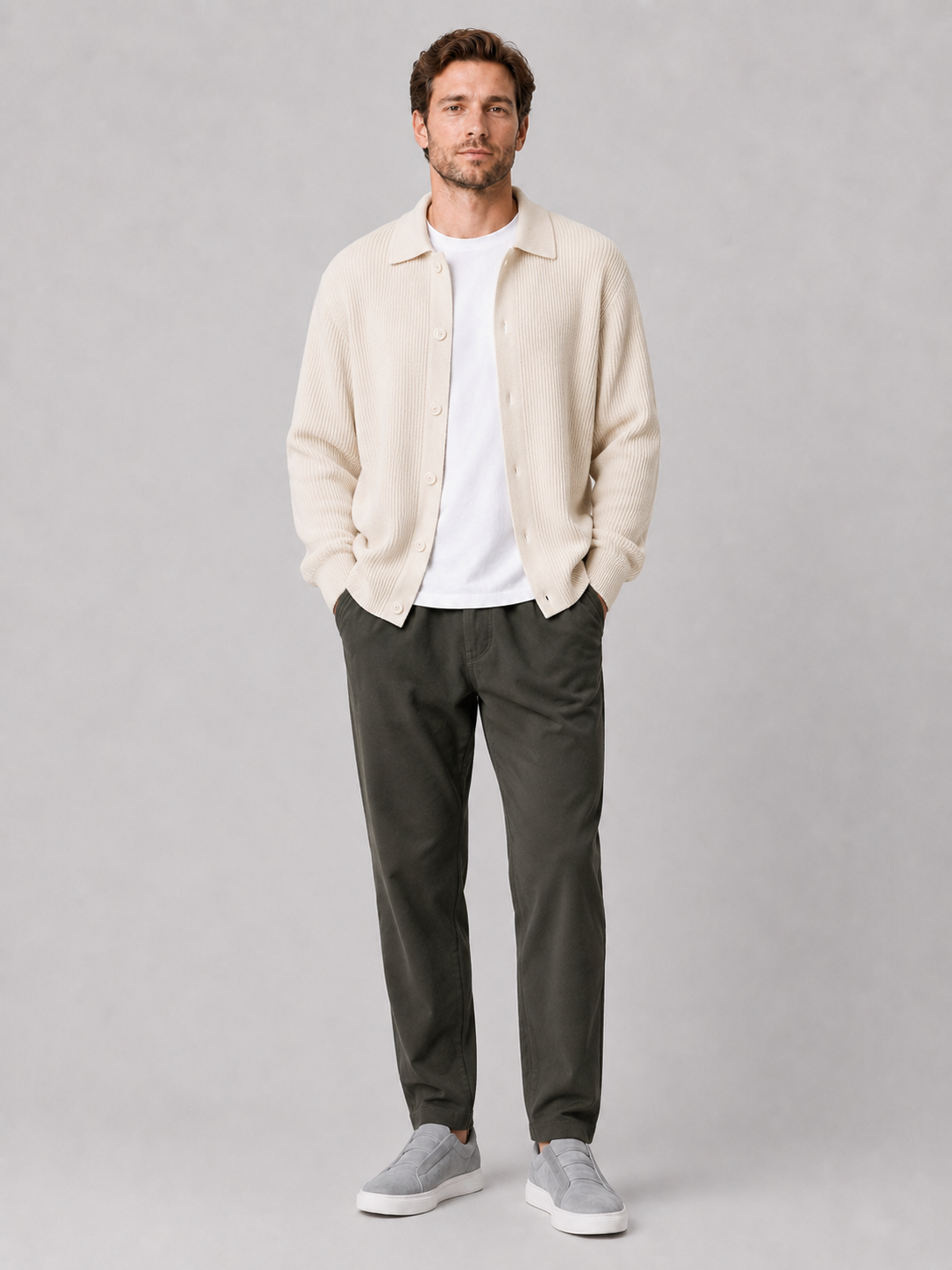 Men's open front cardigan – Beige full view – Edward & Lawsen