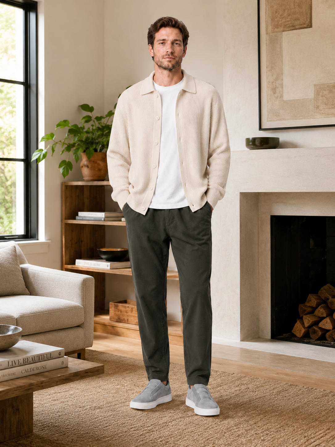 Men's open front cardigan – Beige lifestyle view – Edward & Lawsen