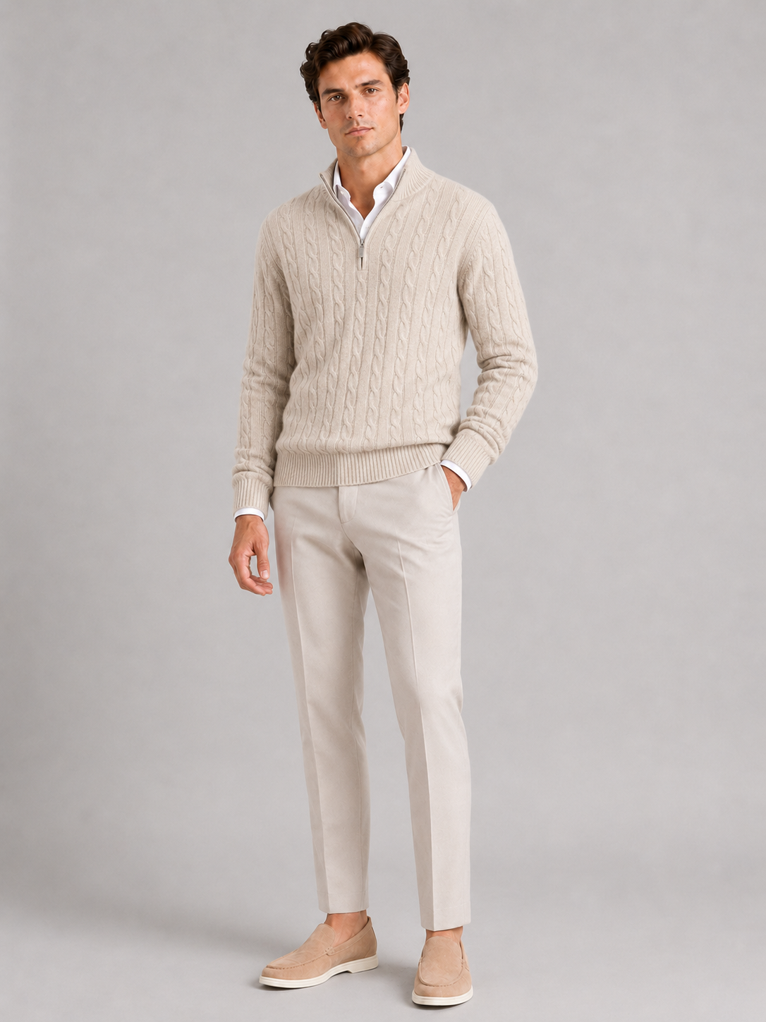 Men's cashmere quarter-zip mock neck sweater – Beige full view – Edward & Lawsen