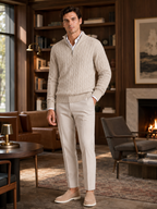 Men's cashmere quarter-zip mock neck sweater – Beige lifestyle view – Edward & Lawsen