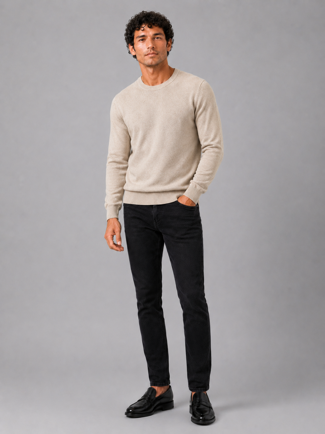 Men's crew neck knit sweater – Beige full view – Edward & Lawsen
