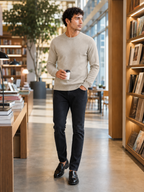 Men's crew neck knit sweater – Beige lifestyle view – Edward & Lawsen