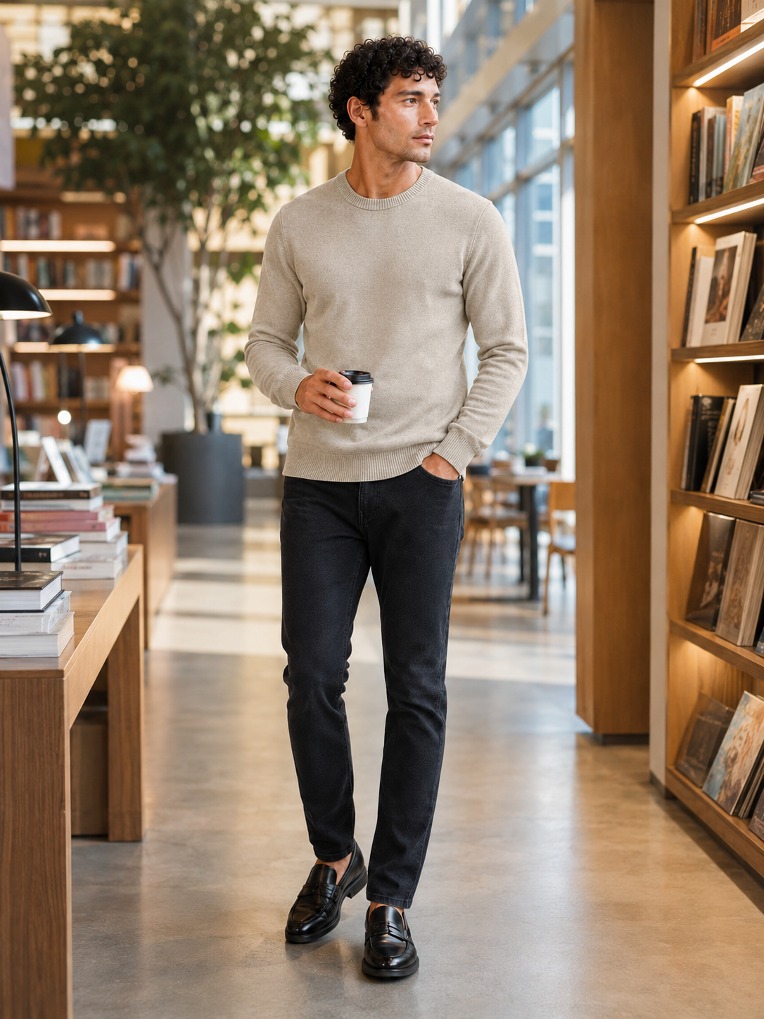 Men's crew neck knit sweater – Beige lifestyle view – Edward & Lawsen