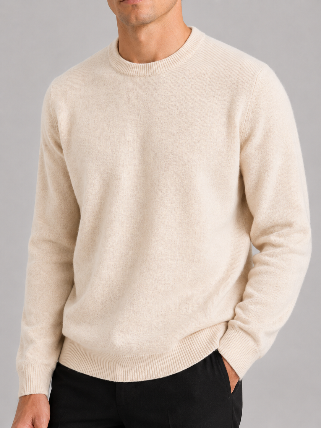 Men's wool crewneck sweater – Beige detail view – Edward & Lawsen