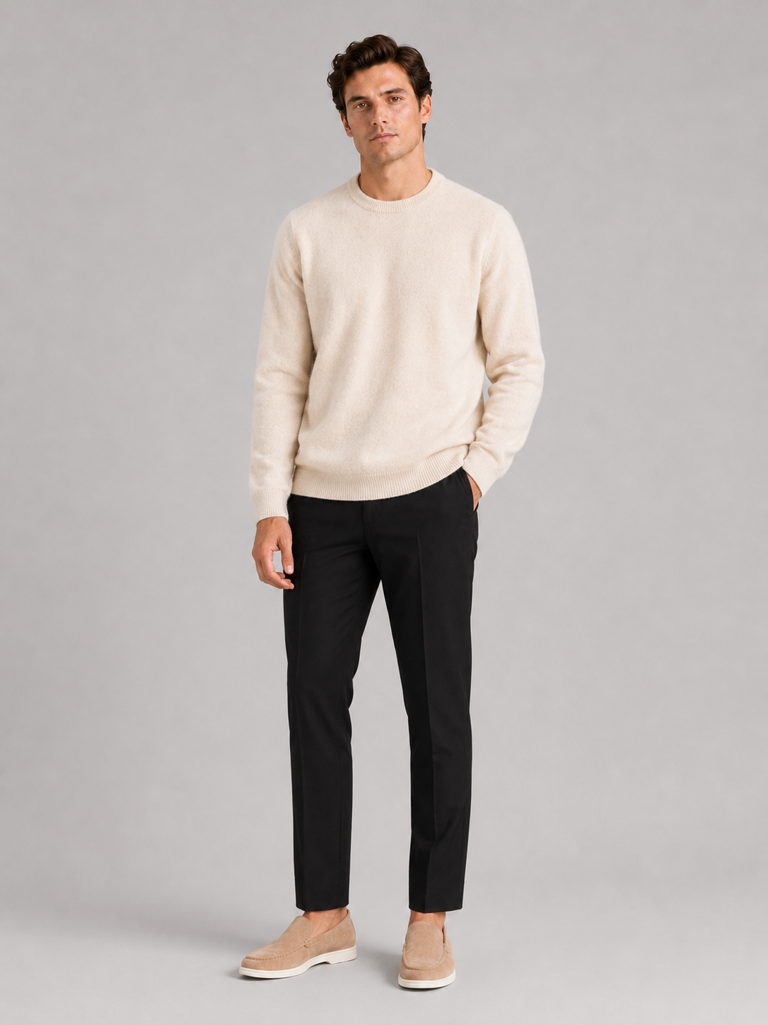 Men's wool crewneck sweater – Beige full view – Edward & Lawsen