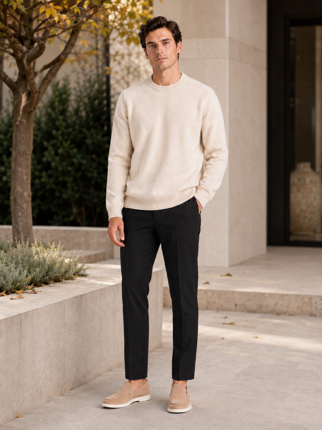 Men's wool crewneck sweater – Beige lifestyle view – Edward & Lawsen