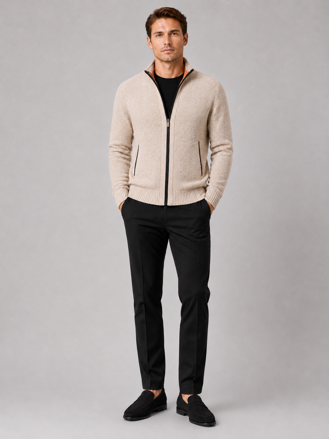 Men's fleece cardigan – Beige full view – Edward & Lawsen