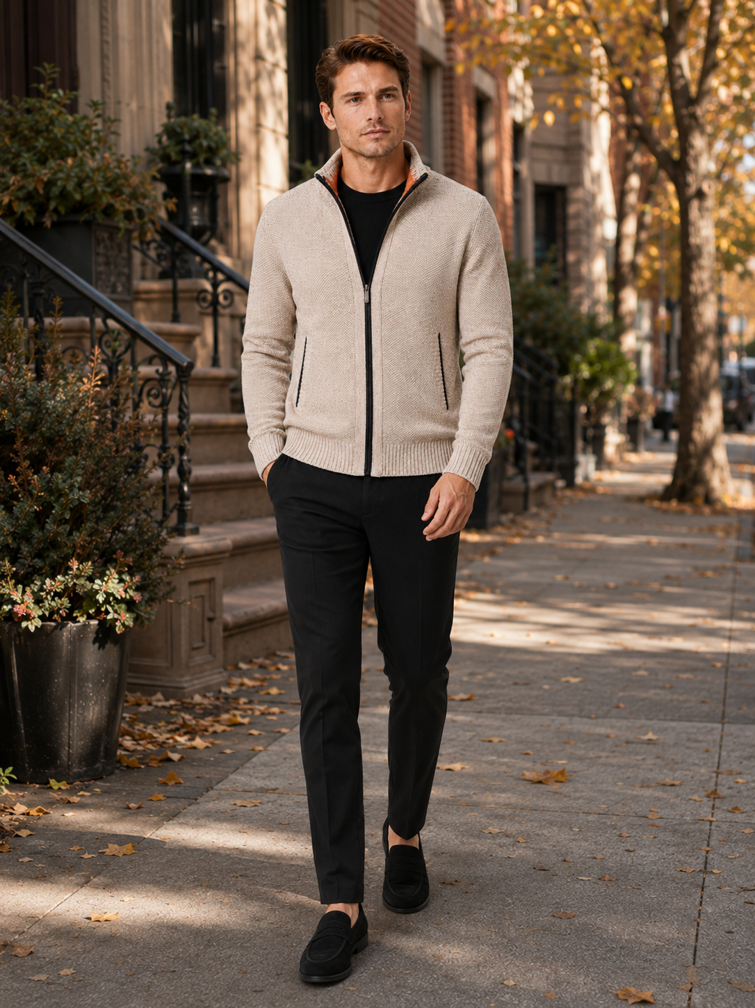 Men's fleece cardigan – Beige full view – Edward & Lawsen