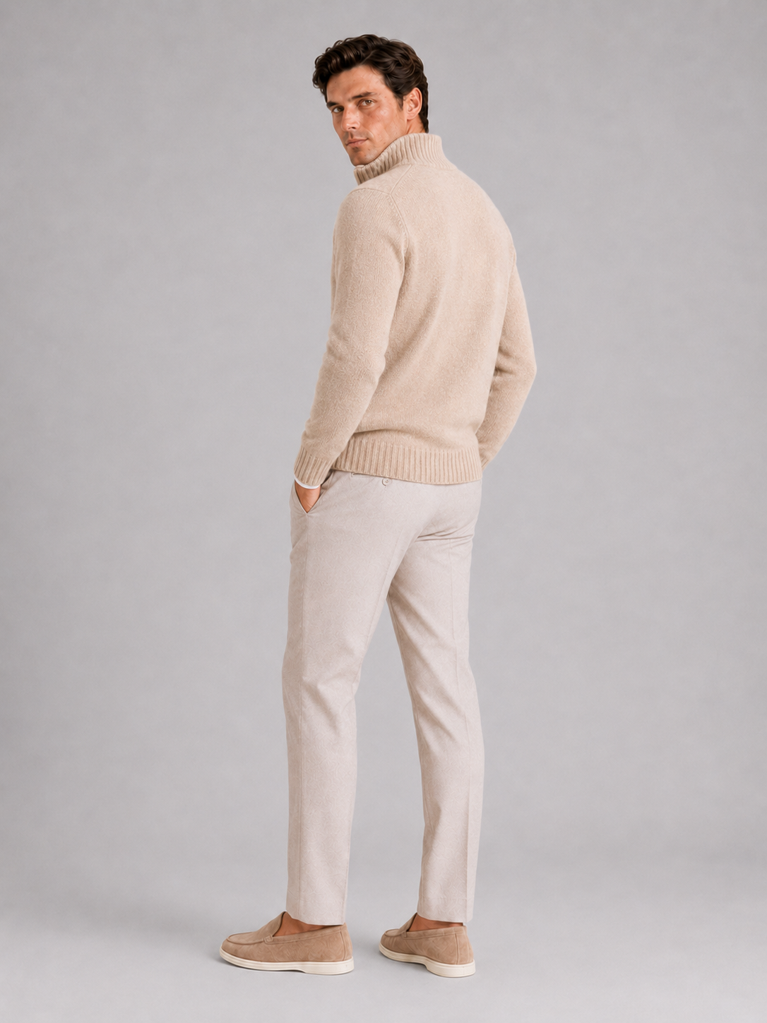 Men's half zip sweater – Beige back view – Edward & Lawsen