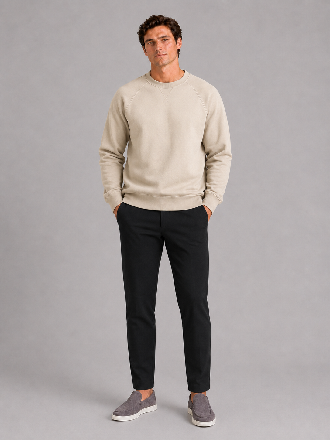 Men's heavyweight crewneck sweater – Beige full view – Edward & Lawsen
