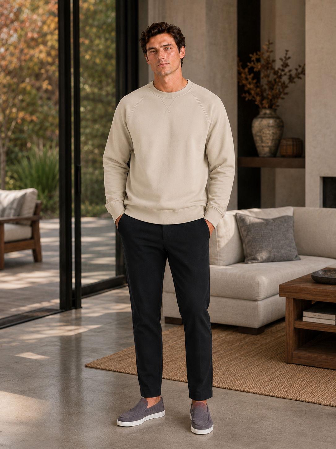 Men's heavyweight crewneck sweater – Beige lifestyle view – Edward & Lawsen