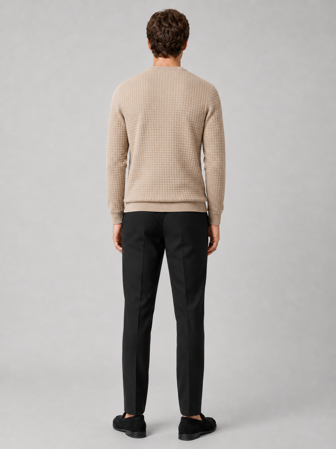 Men's jacquard crew neck sweater – Beige back view – Edward & Lawsen