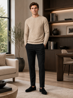 Men's jacquard crew neck sweater – Beige lifestyle view – Edward & Lawsen