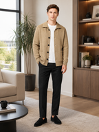 Men's cotton lapel cardigan – Beige lifestyle view – Edward & Lawsen