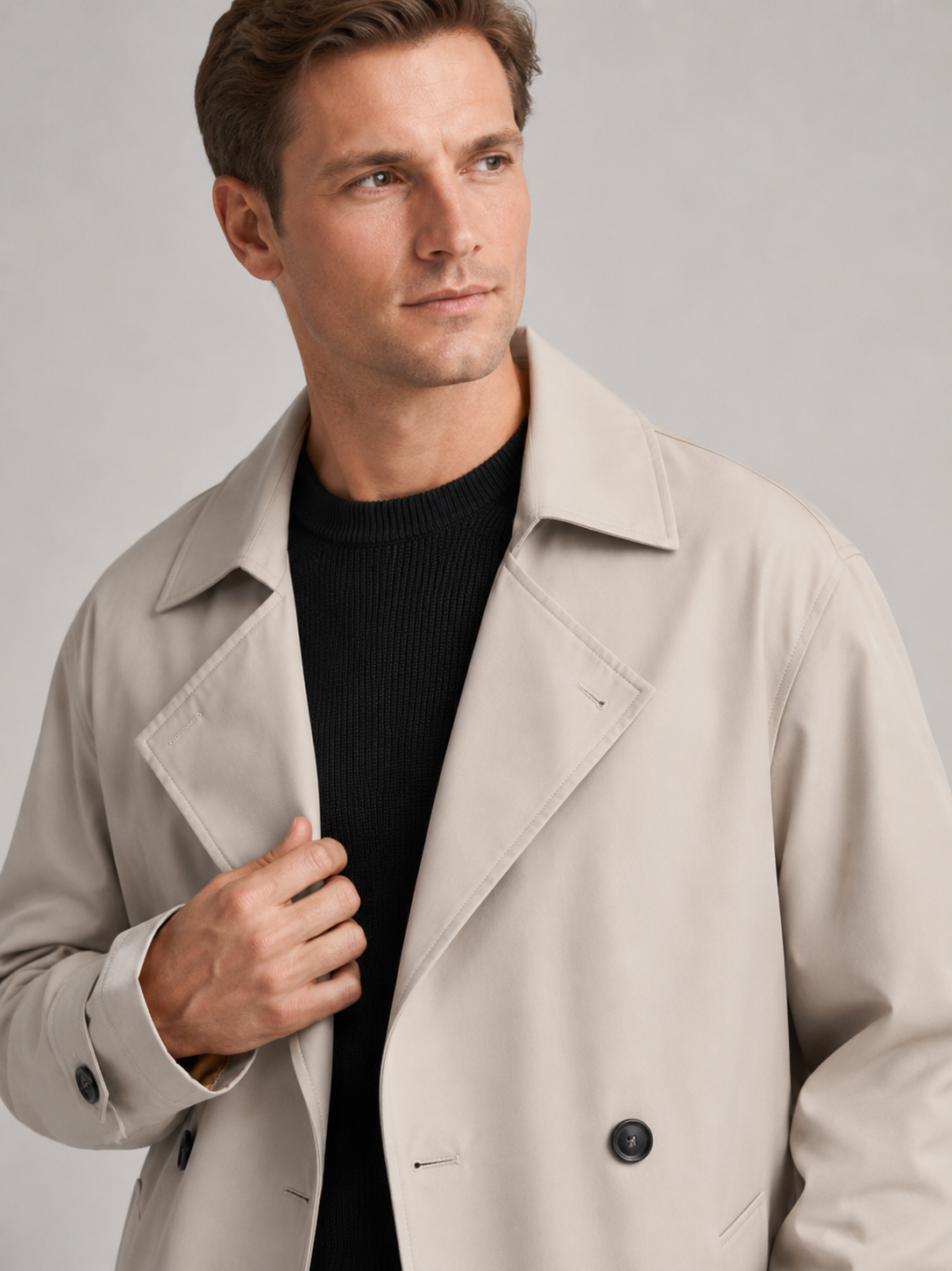 Men's over-the-knee cotton trench coat – Beige detail view – Edward & Lawsen
