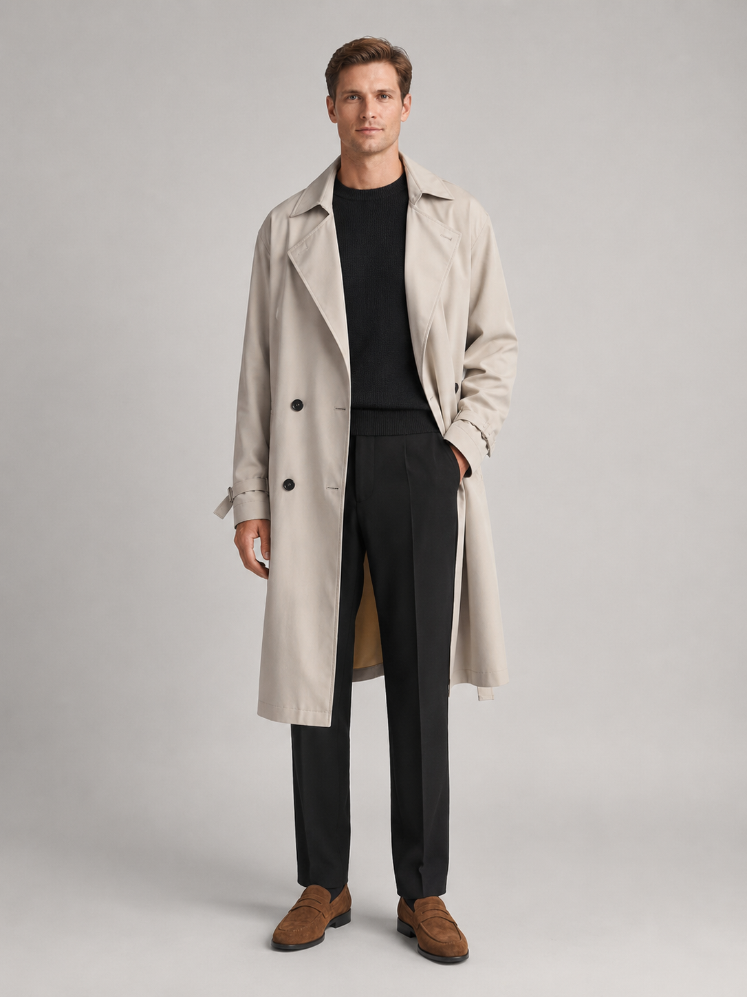 Men's over-the-knee cotton trench coat – Beige full view – Edward & Lawsen