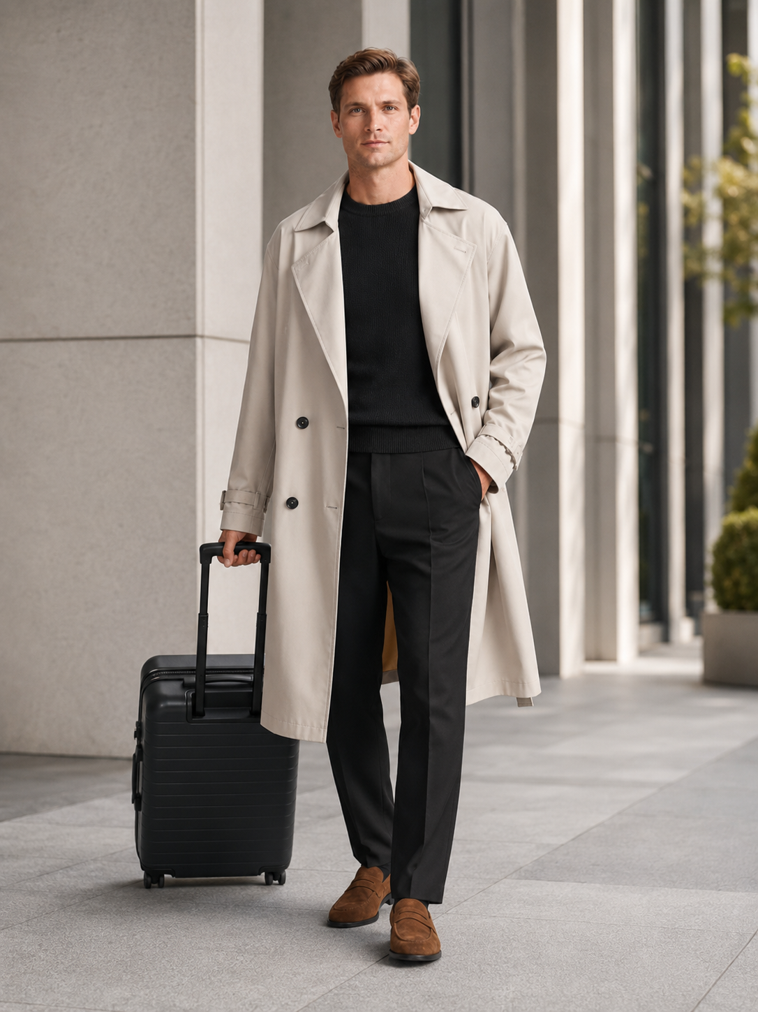 Men's over-the-knee cotton trench coat – Beige lifestyle view – Edward & Lawsen