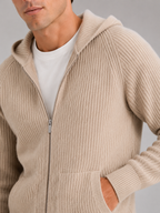 Men's merino wool zip hoodie cardigan – Beige detail view – Edward & Lawsen
